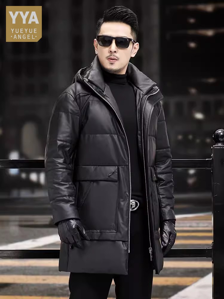 Leather Work Jacket With Hood - Cappotto invernale da uomo in piuma